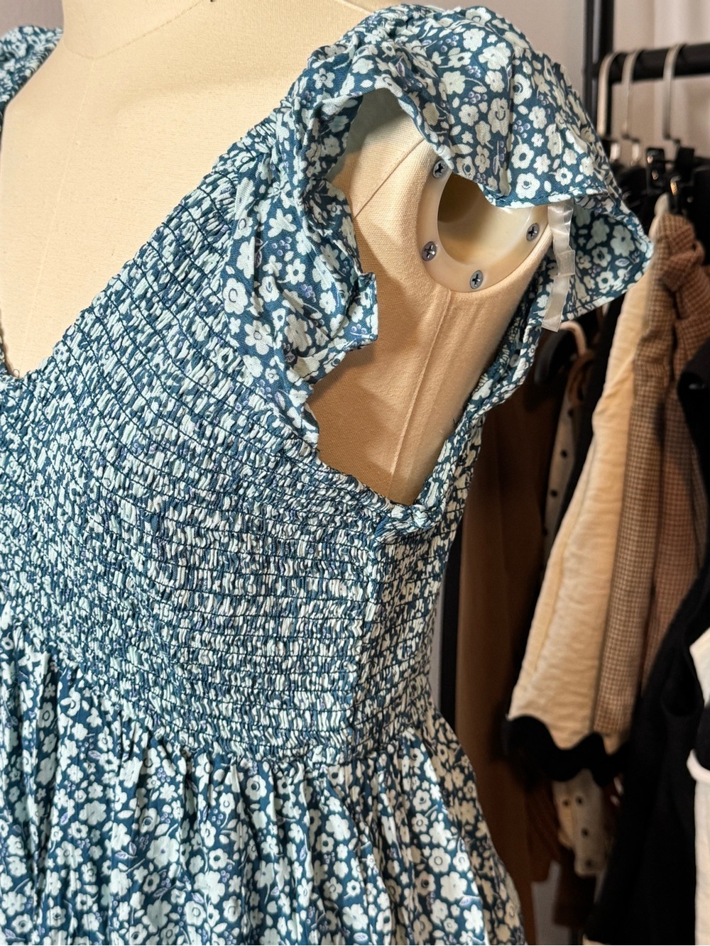 Angie Blue Floral Smocked V-Neck Mini Dress - Picture 4 of 5